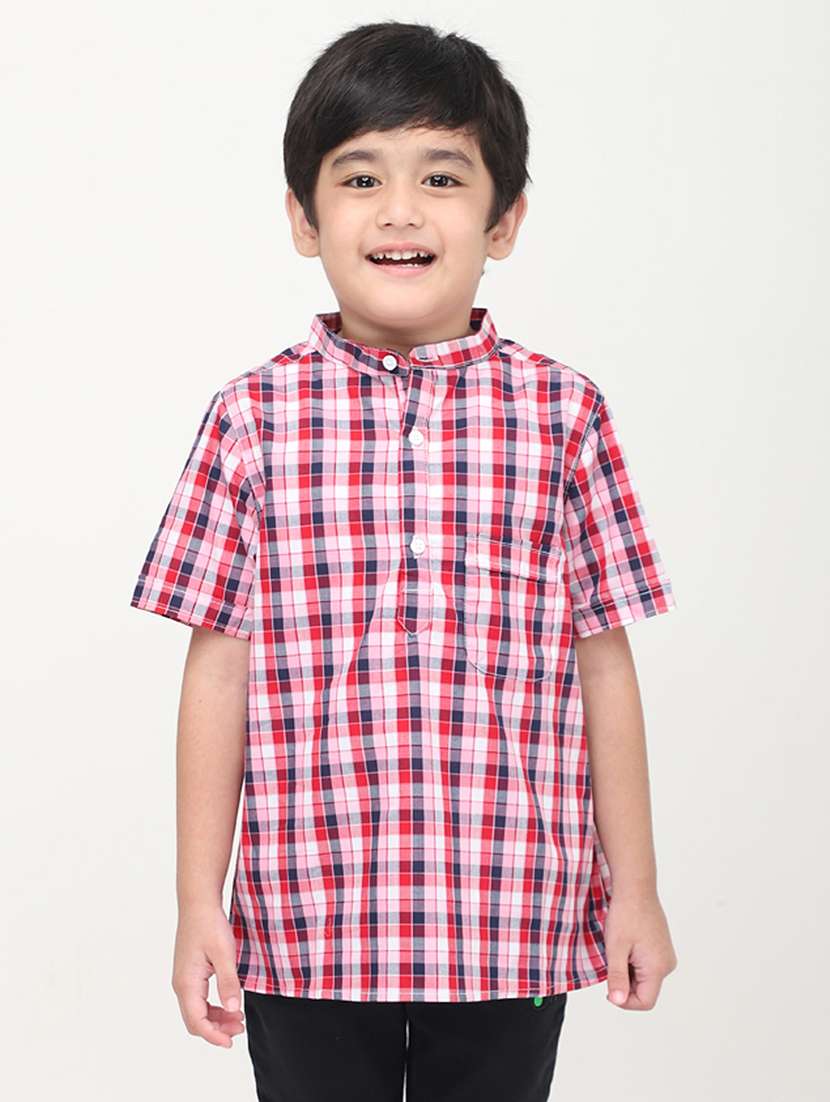 boys checkered mandarin collared short kurta