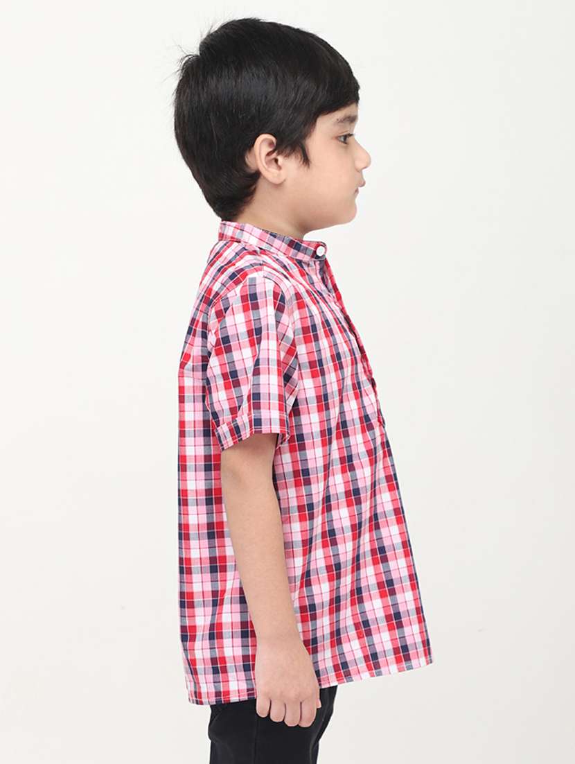 boys checkered mandarin collared short kurta - 22020024 -  Standard Image - 1