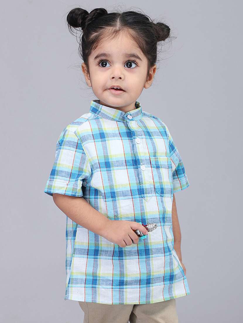 boys checkered mandarin collared short kurta - 22020025 -  Standard Image - 1