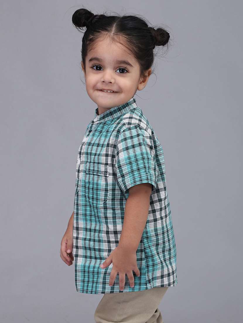 boys checkered mandarin collared short kurta - 22020026 -  Standard Image - 1