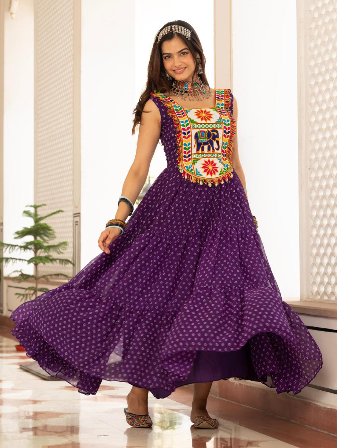 purple georgette fit & flare ethnic dress - 22020031 - Zoom Image - 0