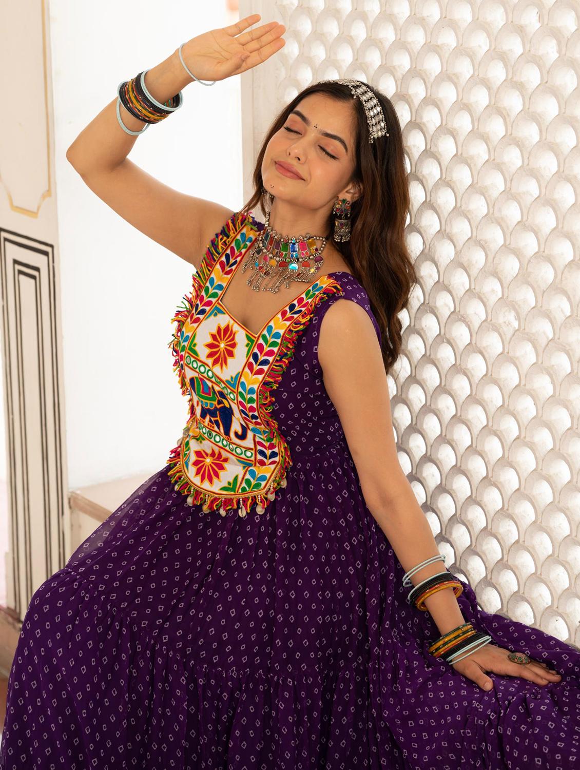 purple georgette fit & flare ethnic dress - 22020031 - Standard Image - 4
