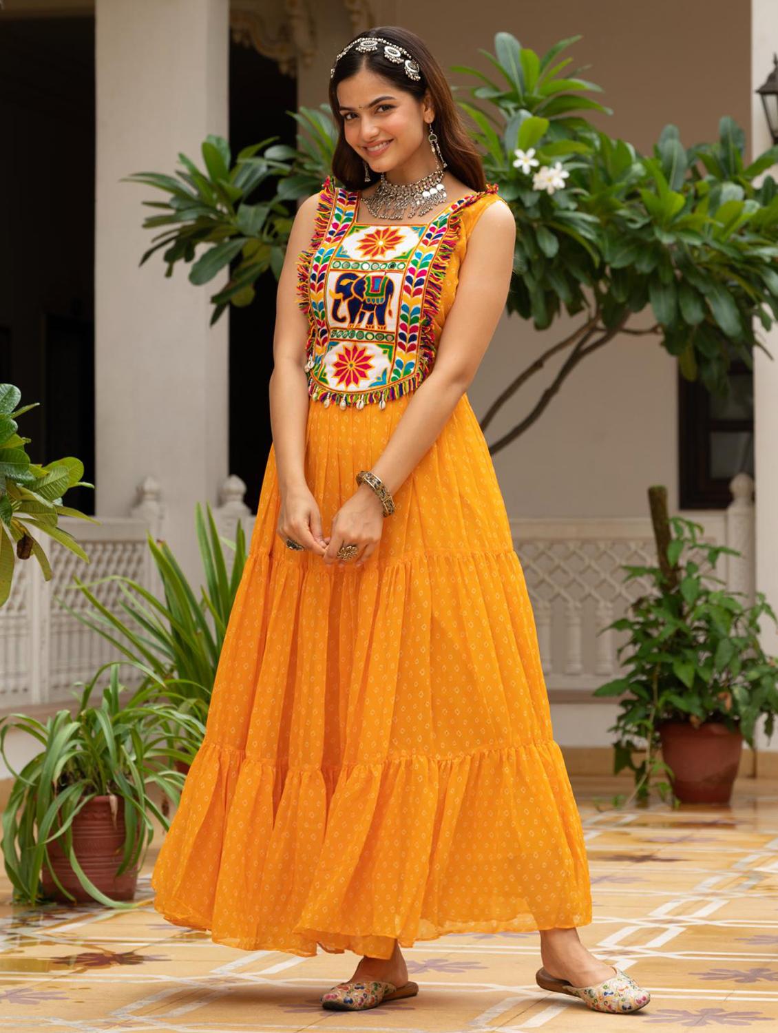 yellow georgette fit & flare ethnic dress - 22020032 - Standard Image - 1