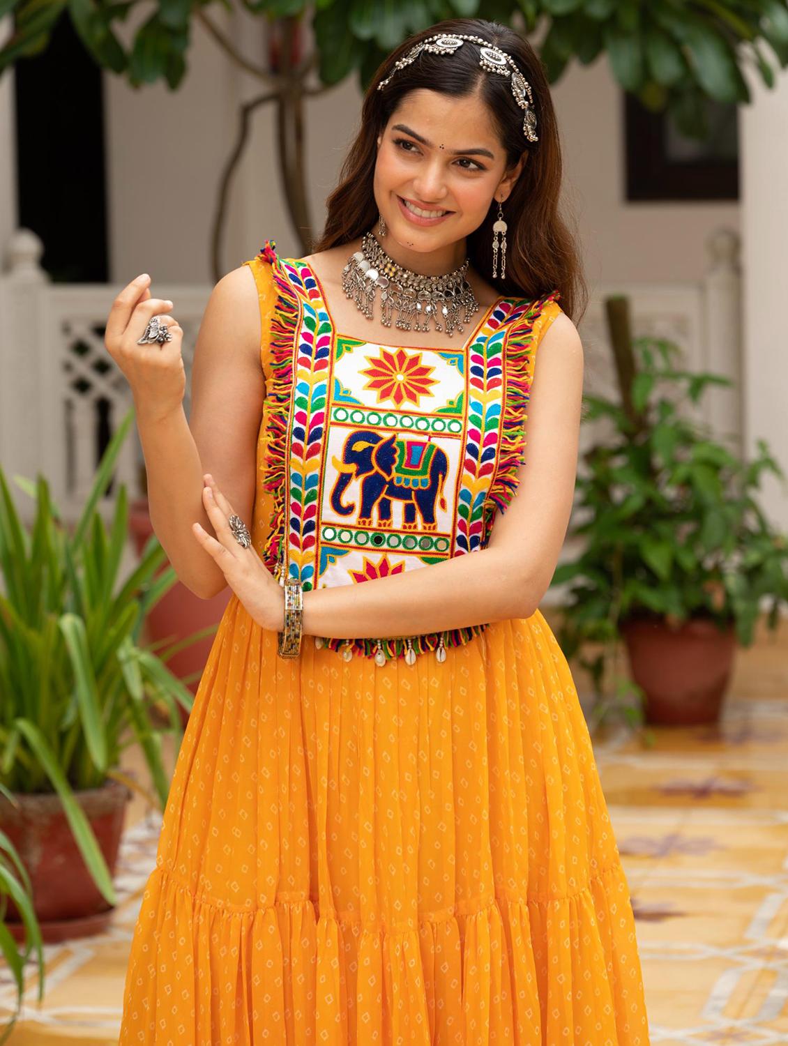yellow georgette fit & flare ethnic dress - 22020032 - Standard Image - 4