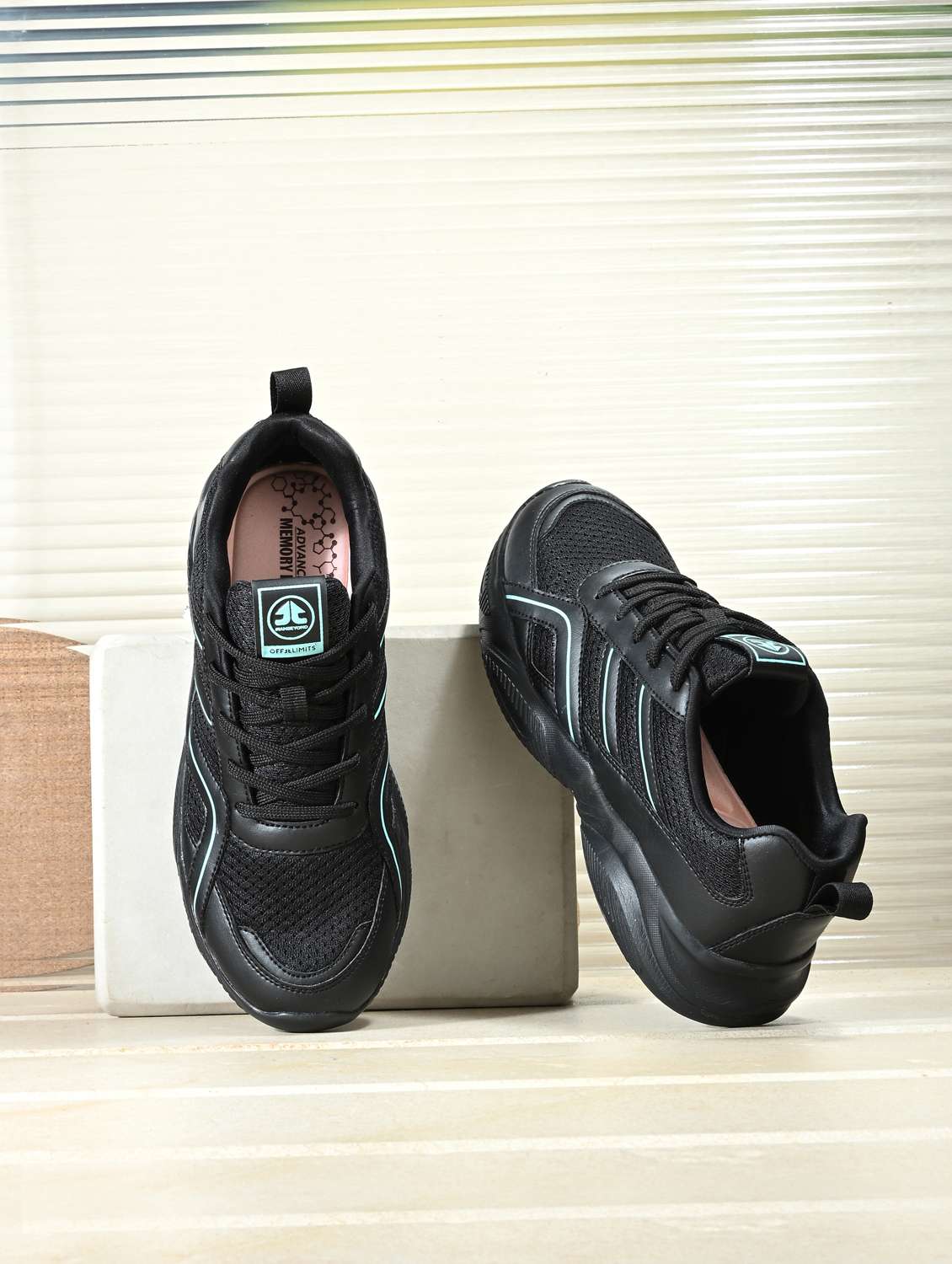 black synthetic & mesh laceup sports shoes