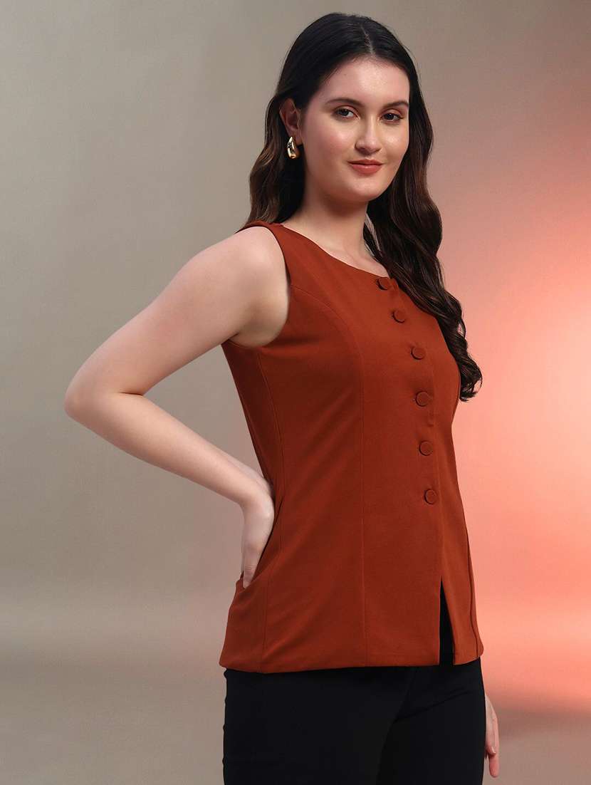women rust solid sleeveless top - 22020385 - Standard Image - 1