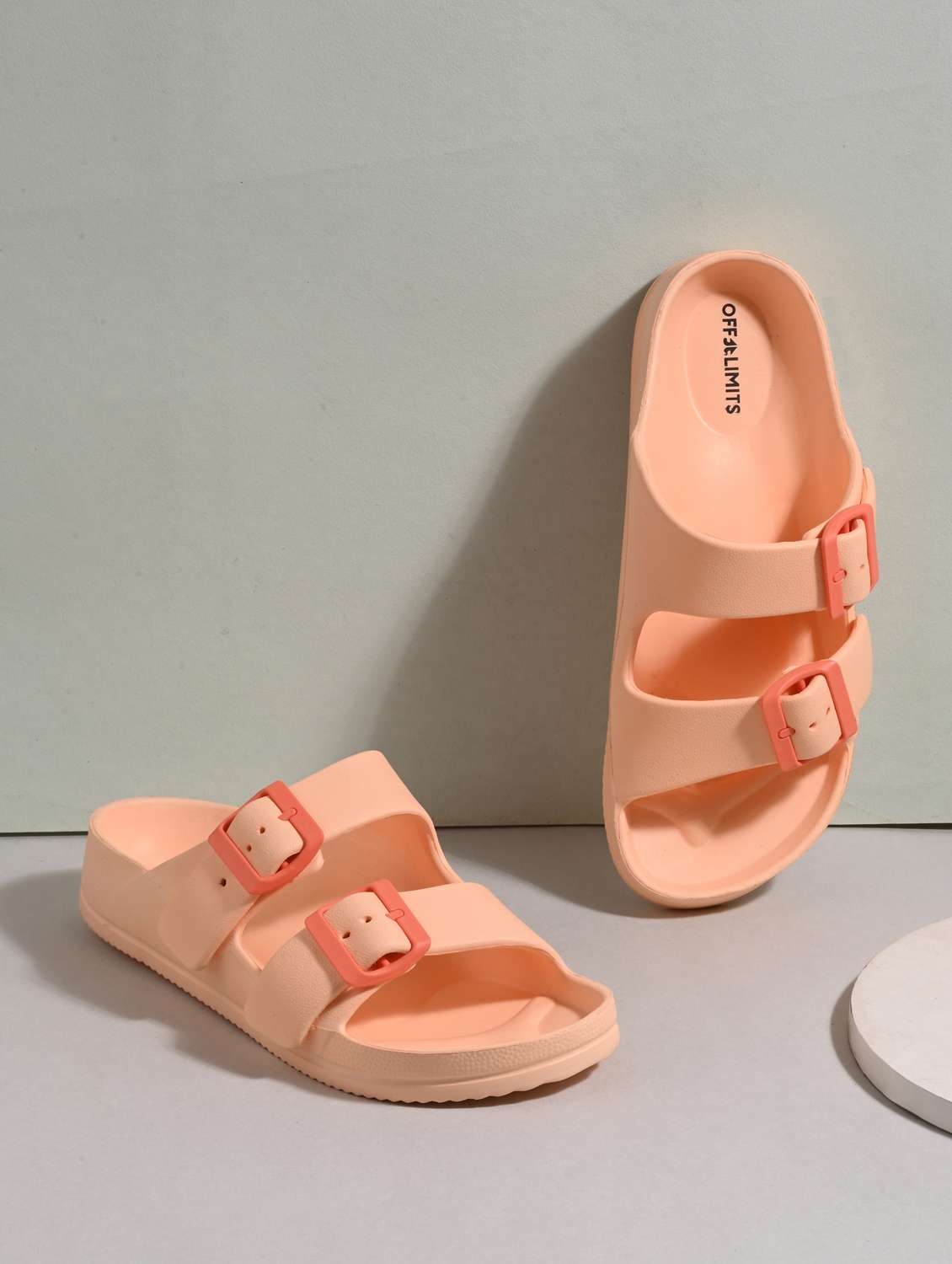 women orange solid slip on slides 