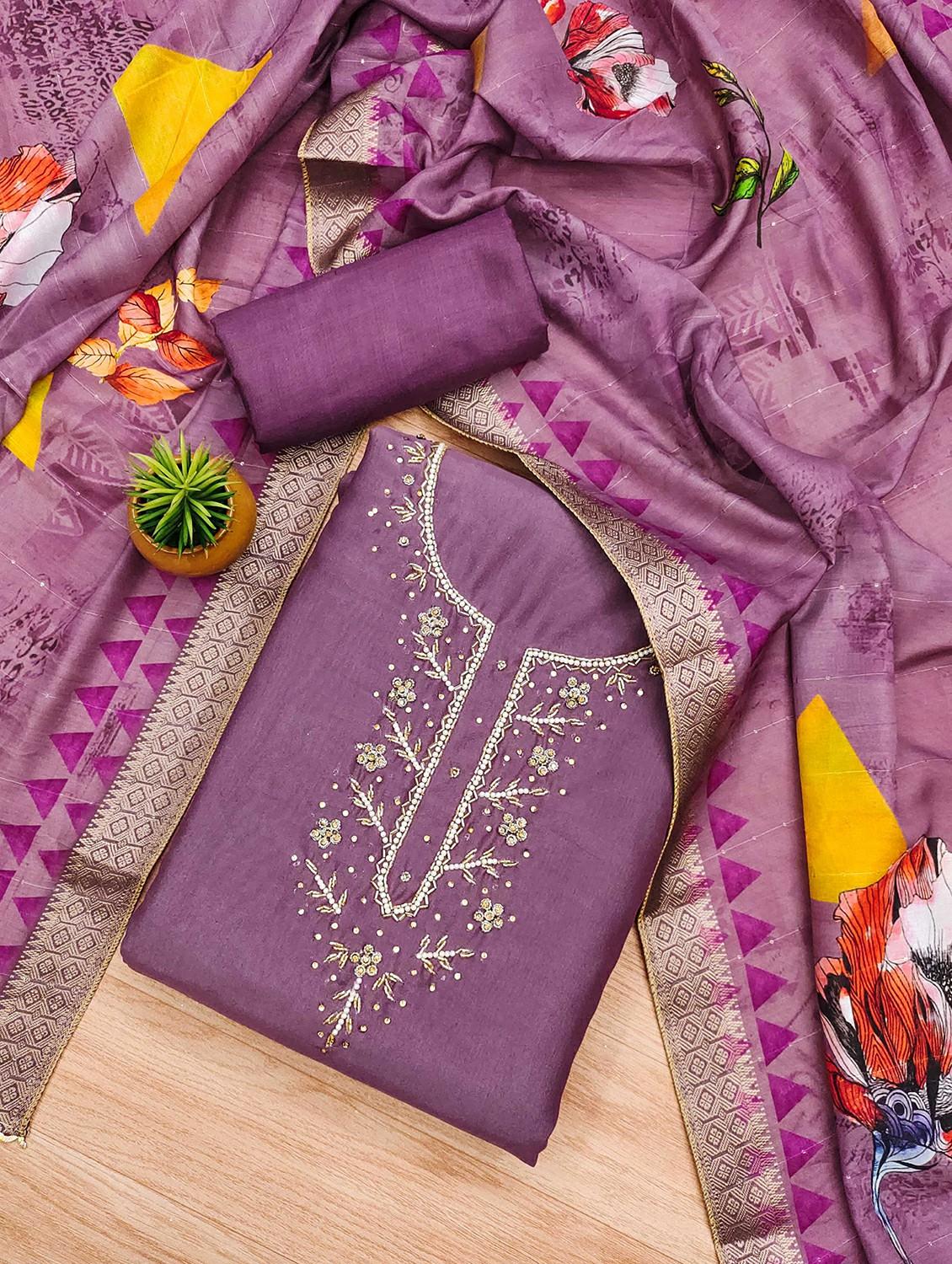 women solid with work embroidered unstitched suit set - 22020743 -  Standard Image - 1