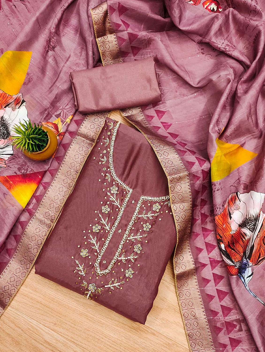 women solid with work embroidered unstitched suit set - 22020745 -  Standard Image - 1
