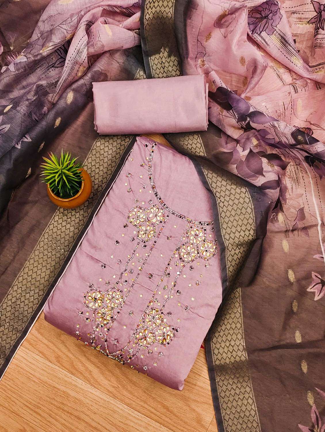 women solid with work embroidered unstitched suit set - 22020750 -  Standard Image - 1