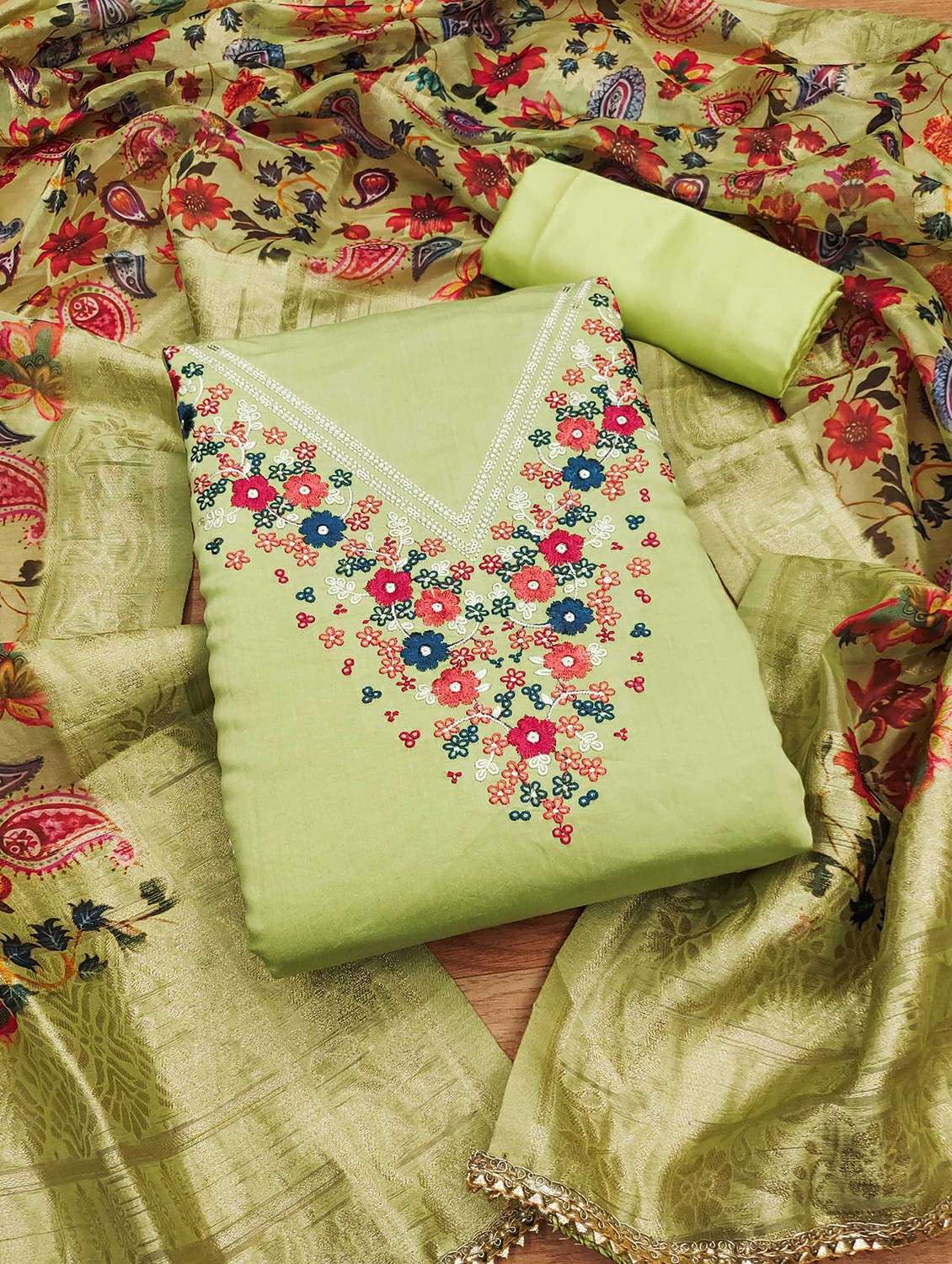 women solid with work embroidered unstitched suit set