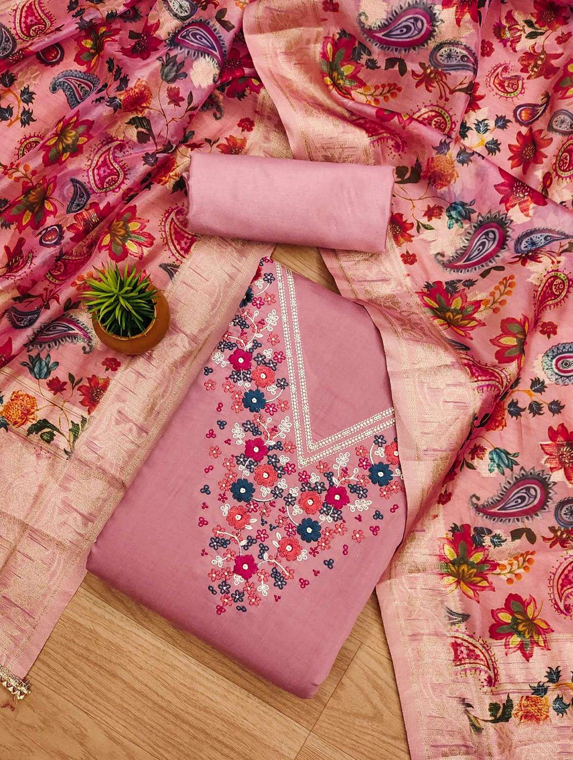 women solid with work embroidered unstitched suit set - 22020756 - Standard Image - 1
