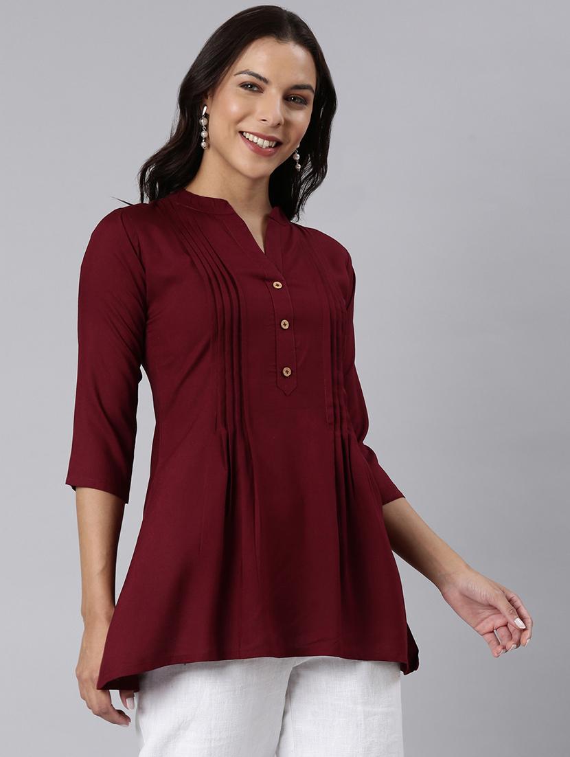 women solid three quarter sleeve a-line tunic - 22020899 - Standard Image - 1