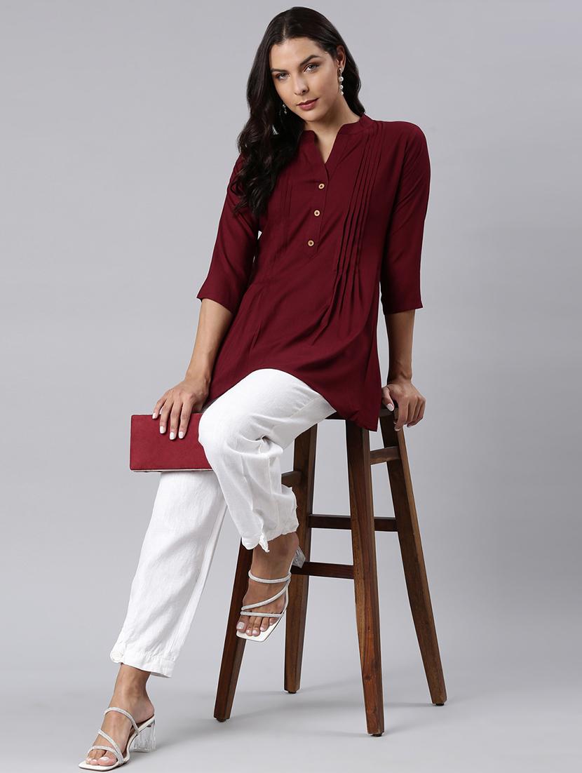 women solid three quarter sleeve a-line tunic - 22020899 - Standard Image - 4