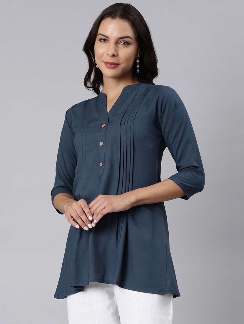 women solid three quarter sleeve a-line tunic - 22020900 - Standard Image - 1