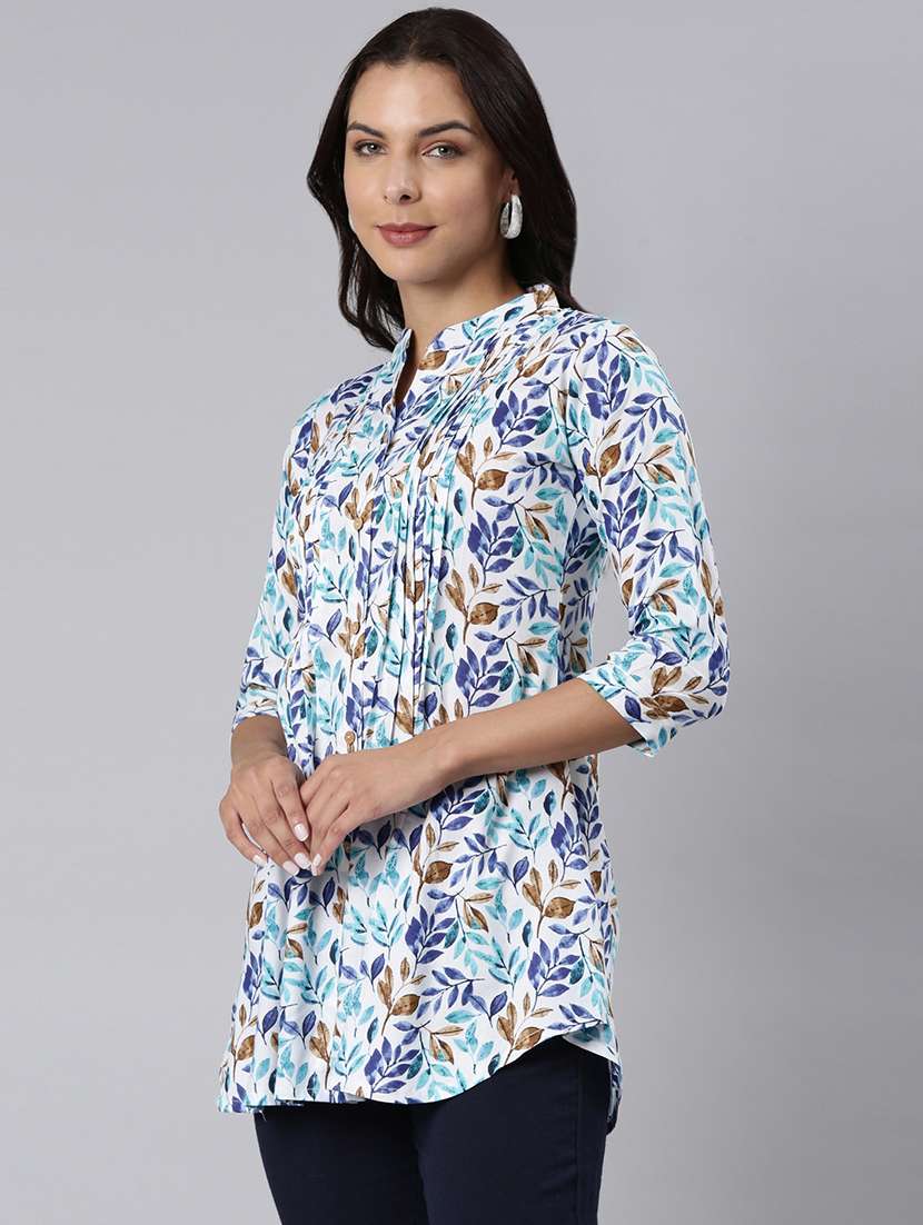 women printed mandarin collar a-line tunic - 22020903 -  Standard Image - 1