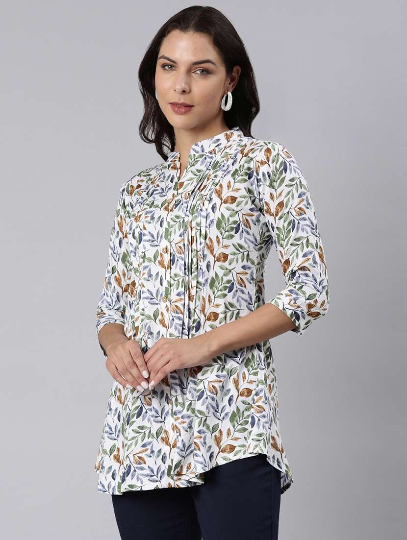 women printed mandarin collar a-line tunic - 22020904 -  Standard Image - 1