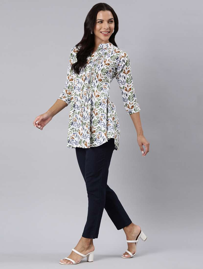 women printed mandarin collar a-line tunic - 22020904 -  Standard Image - 4