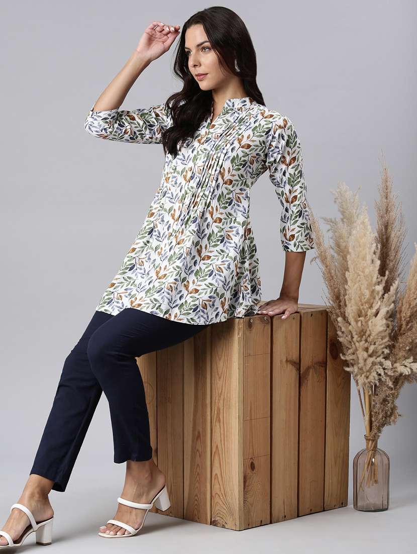 women printed mandarin collar a-line tunic - 22020904 -  Standard Image - 6