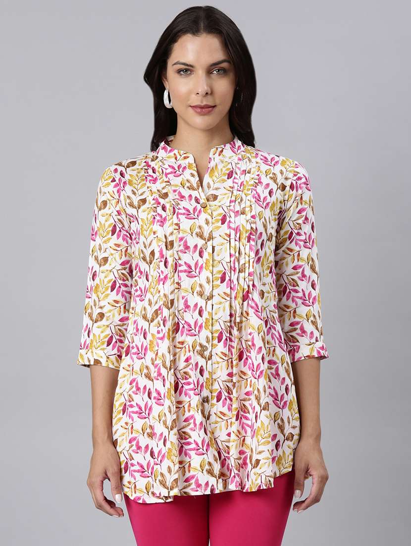 women printed mandarin collar a-line tunic