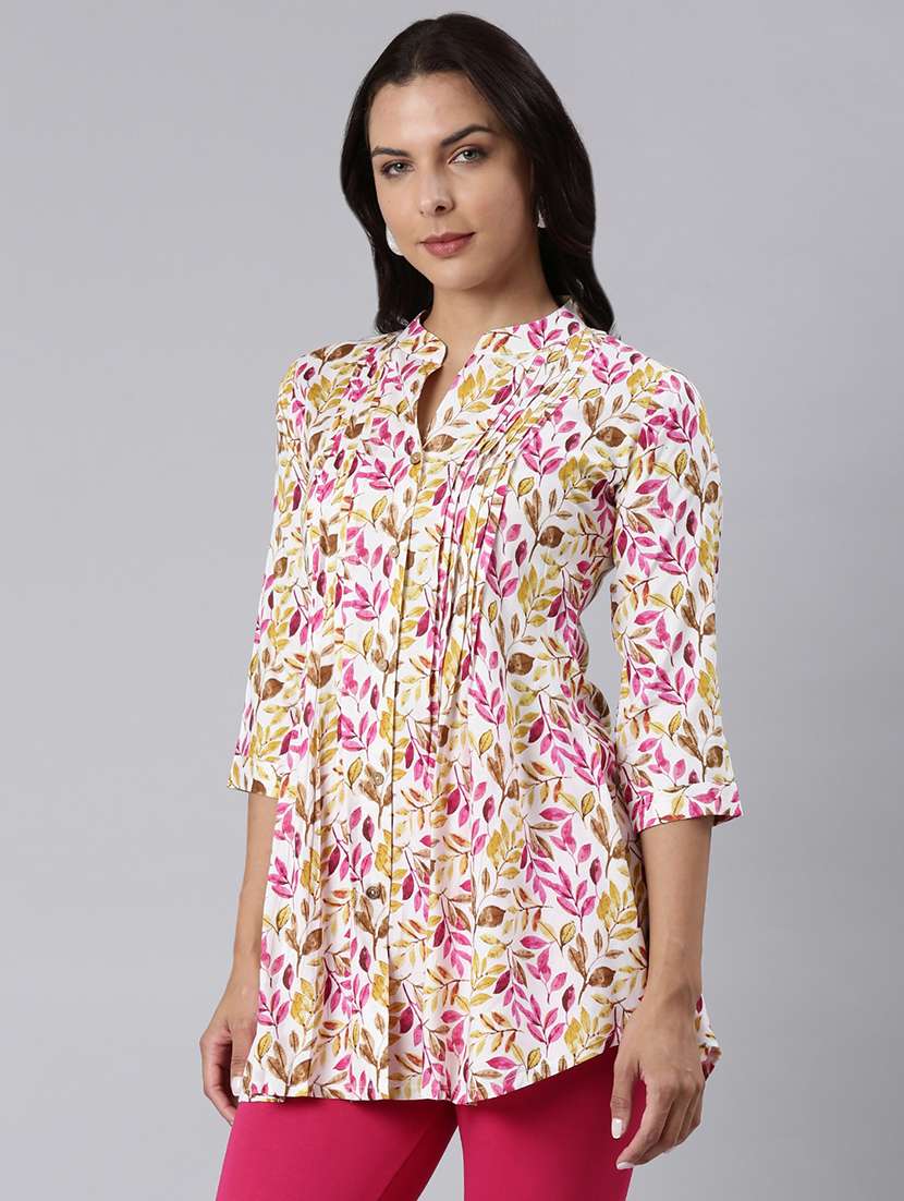 women printed mandarin collar a-line tunic - 22020905 -  Standard Image - 1