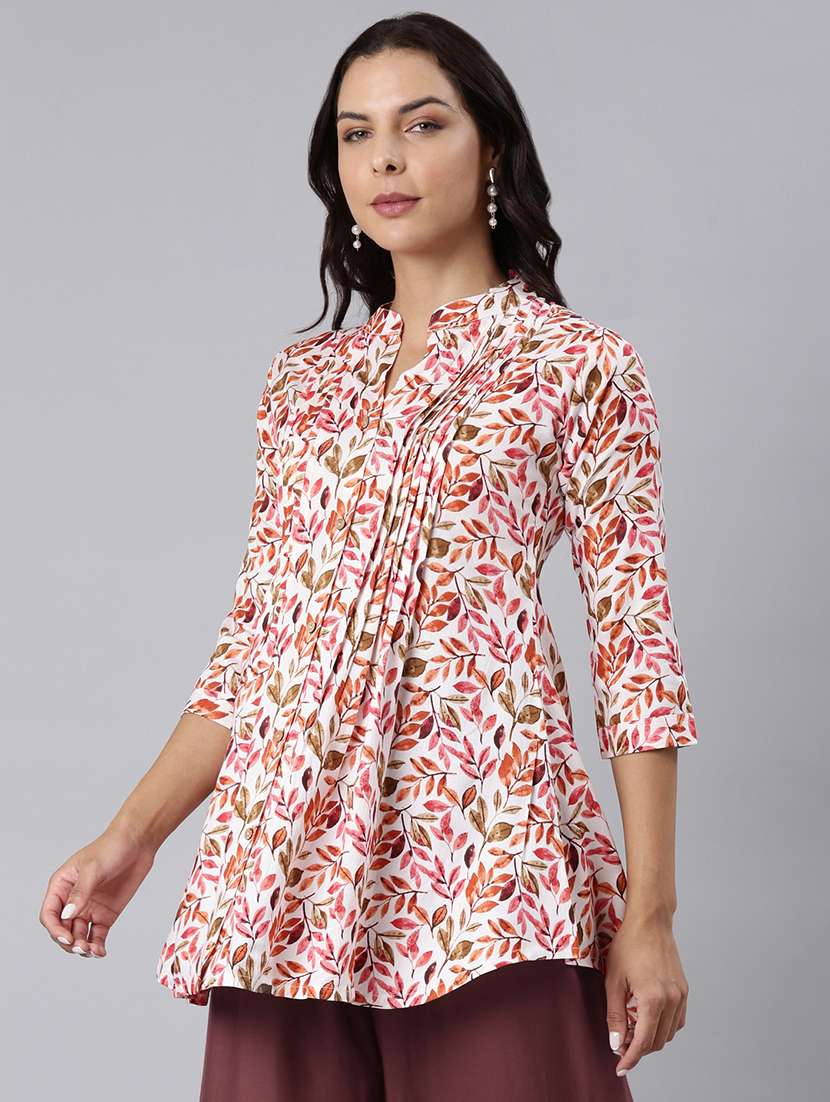 women printed mandarin collar a-line tunic - 22020906 -  Standard Image - 1