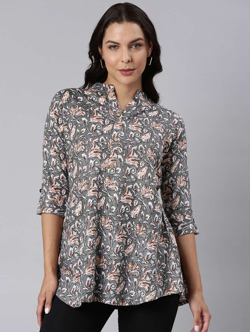 women printed mandarin collar half button down a-line tunic