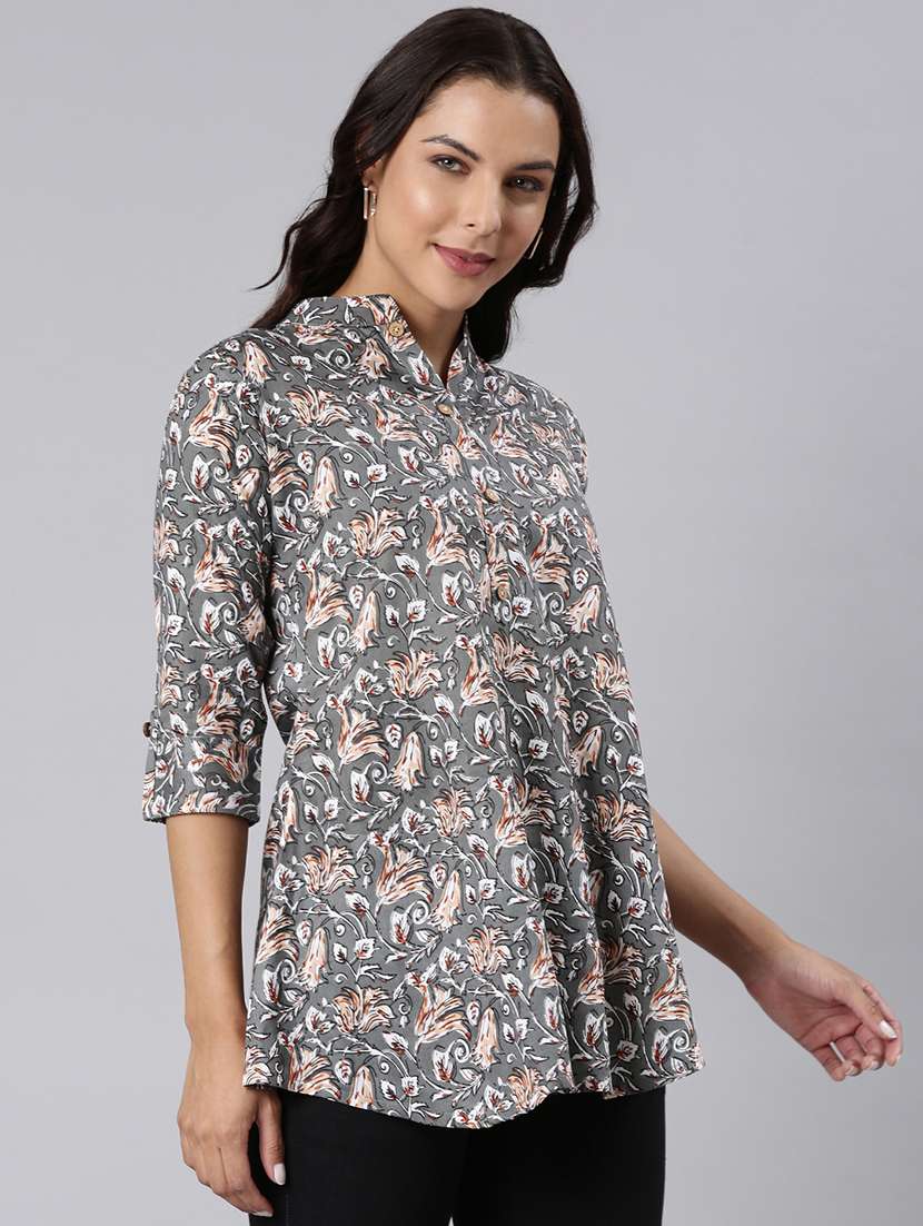 women printed mandarin collar half button down a-line tunic - 22020907 -  Standard Image - 1