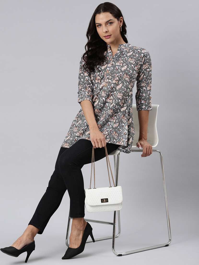 women printed mandarin collar half button down a-line tunic - 22020907 -  Standard Image - 4