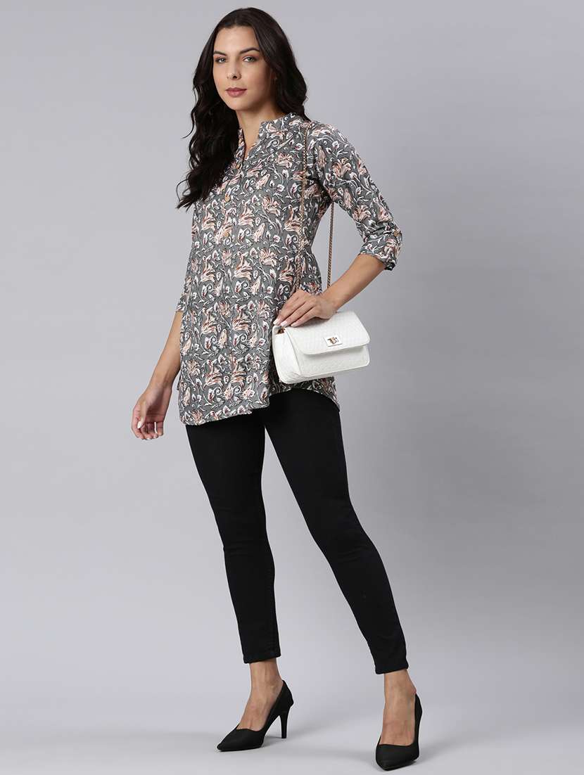 women printed mandarin collar half button down a-line tunic - 22020907 -  Standard Image - 6