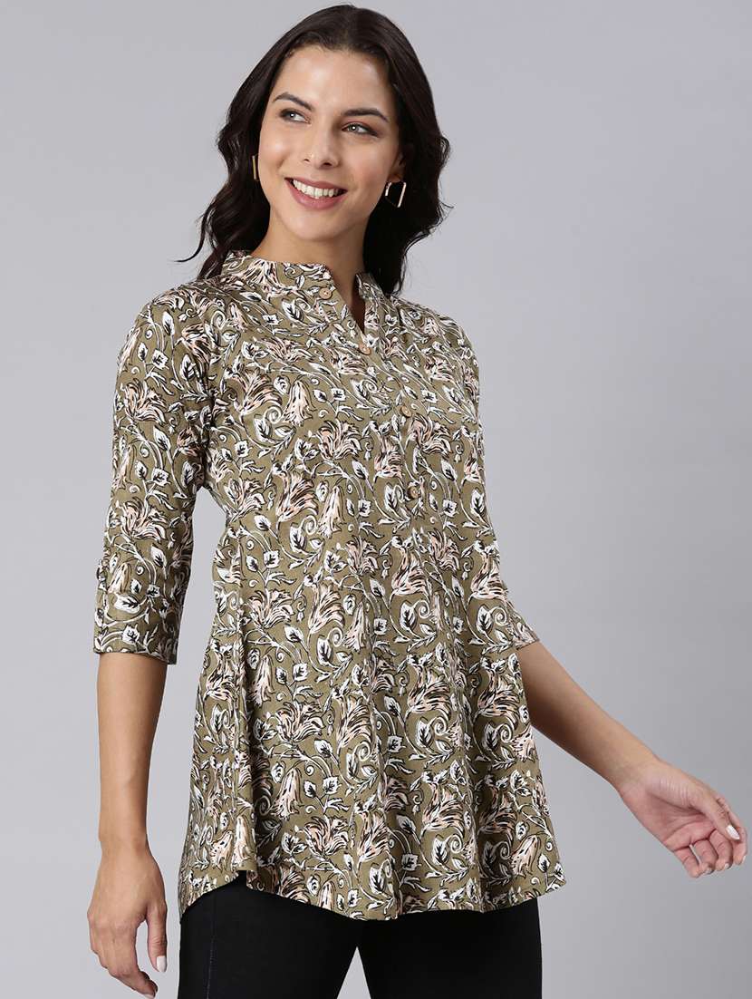 women printed mandarin collar half button down a-line tunic - 22020908 -  Standard Image - 1