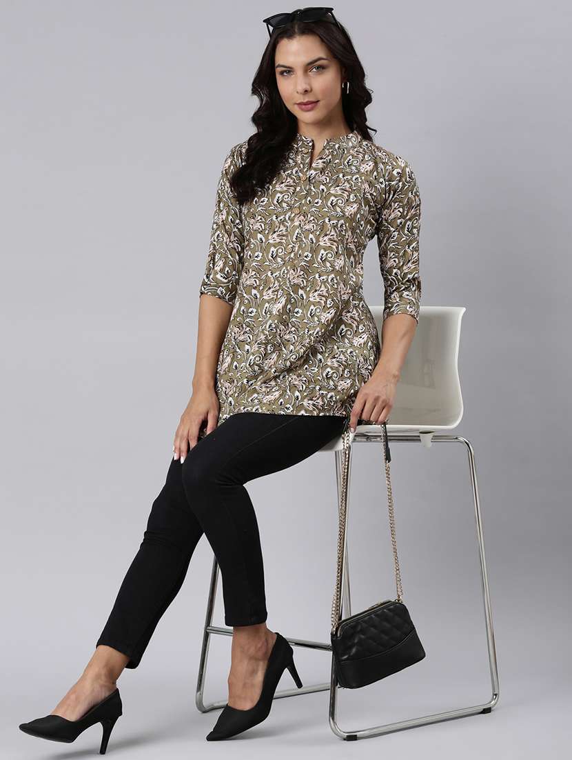 women printed mandarin collar half button down a-line tunic - 22020908 -  Standard Image - 4