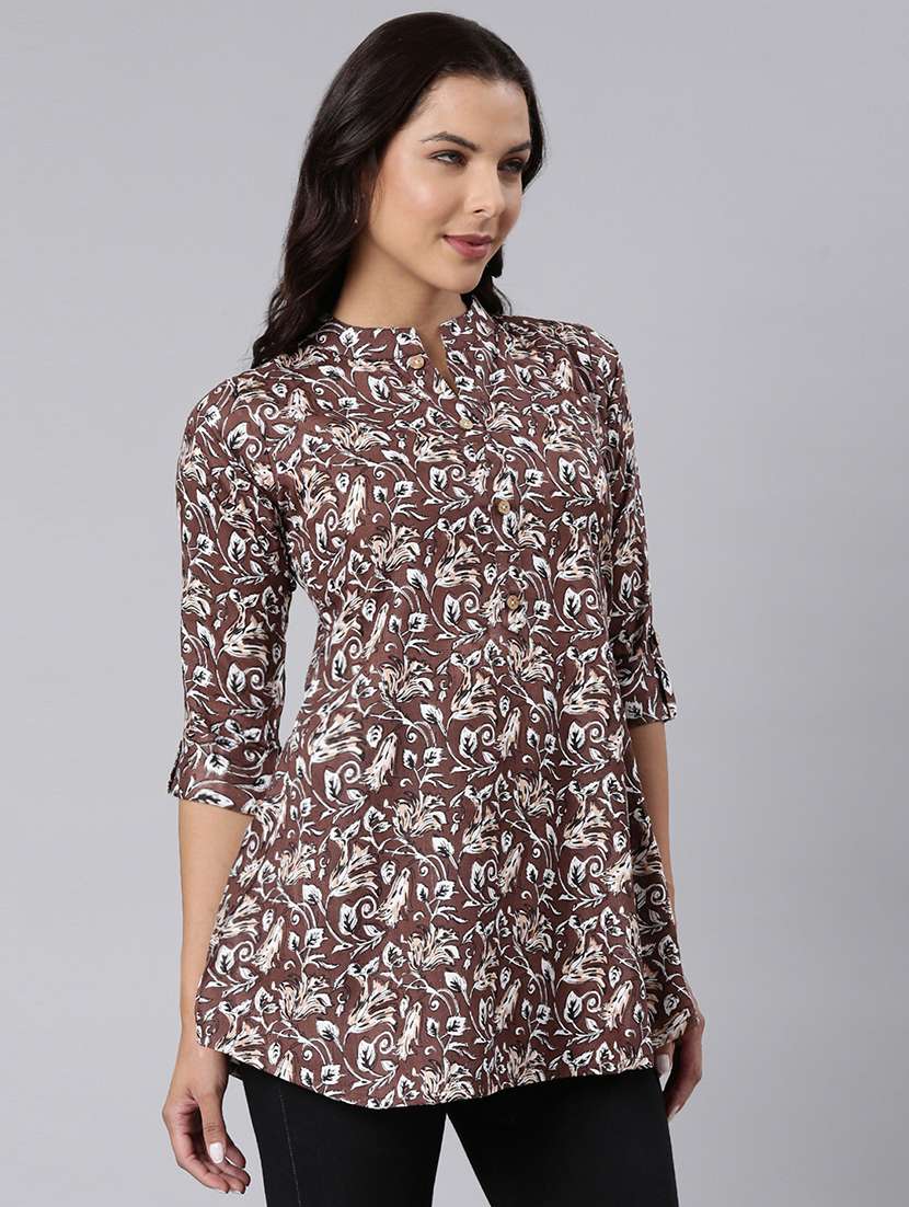 women printed mandarin collar half button down a-line tunic - 22020909 -  Standard Image - 1