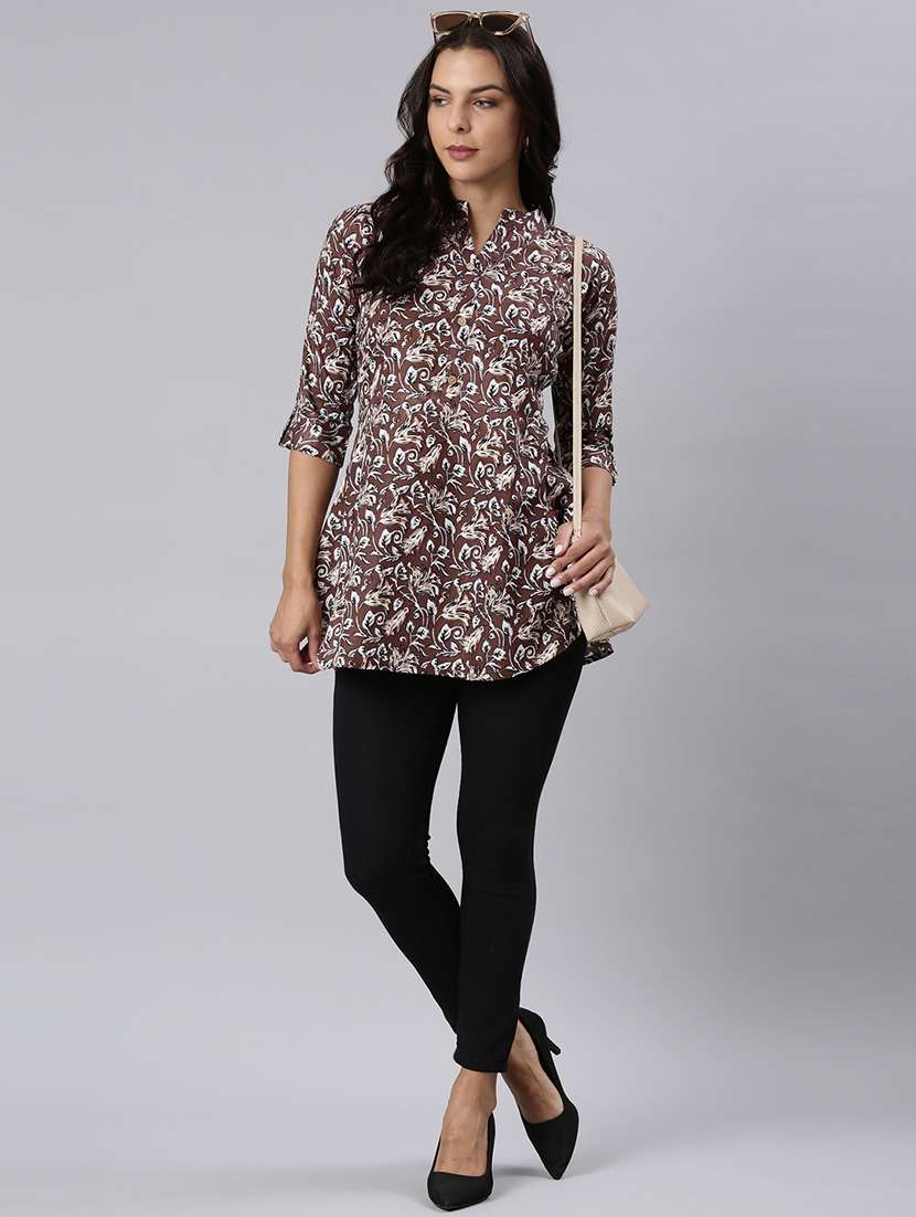 women printed mandarin collar half button down a-line tunic - 22020909 -  Standard Image - 4