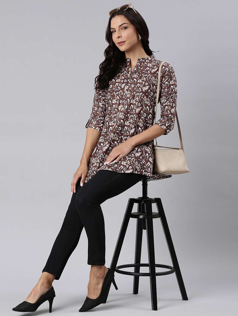 women printed mandarin collar half button down a-line tunic - 22020909 -  Standard Image - 6