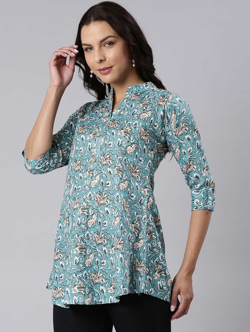 women printed mandarin collar half button down a-line tunic - 22020910 -  Standard Image - 1