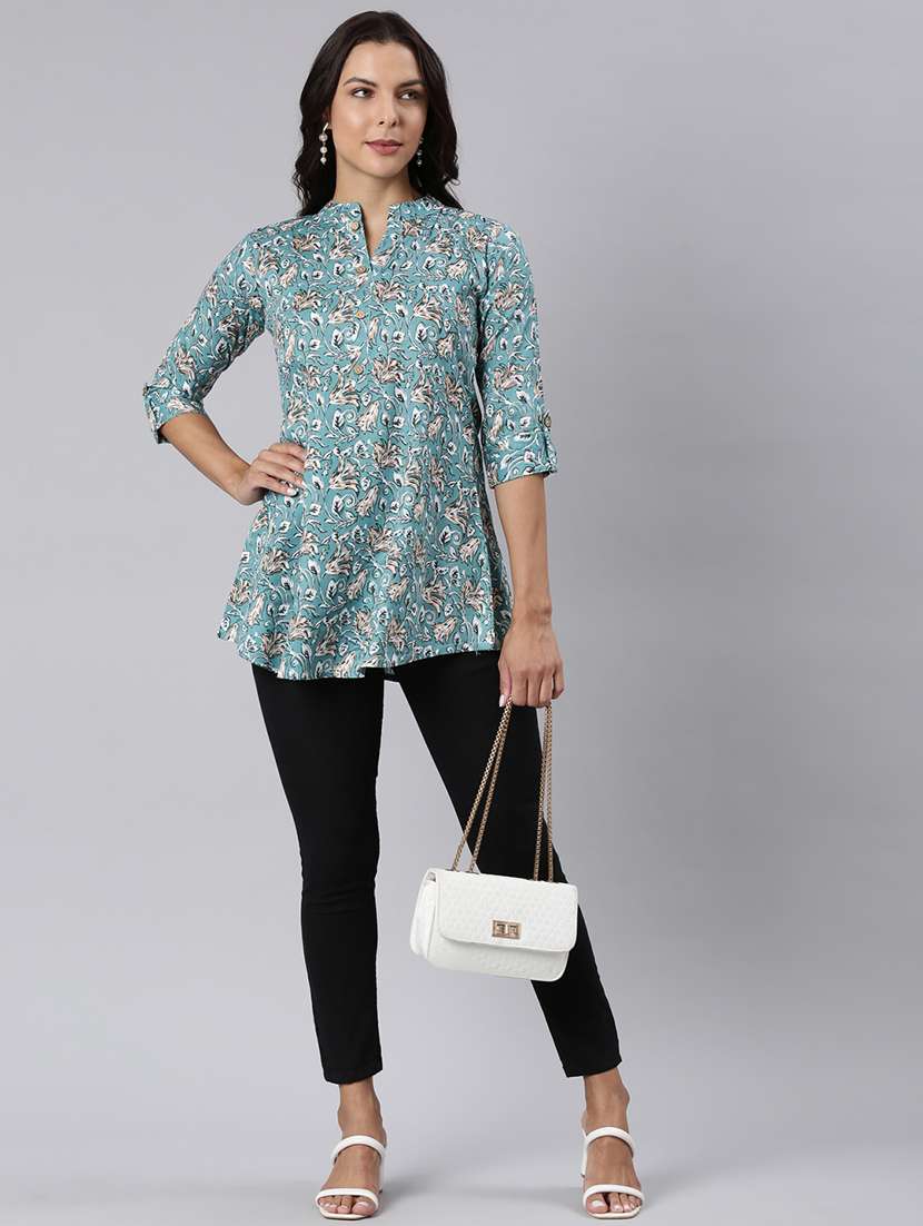 women printed mandarin collar half button down a-line tunic - 22020910 -  Standard Image - 4