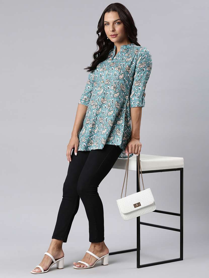 women printed mandarin collar half button down a-line tunic - 22020910 -  Standard Image - 6