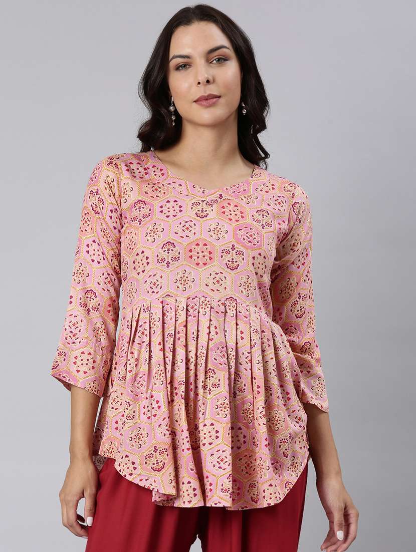 women printed three quarter sleeve asymmetric tunic - 22020916 - Zoom Image - 0