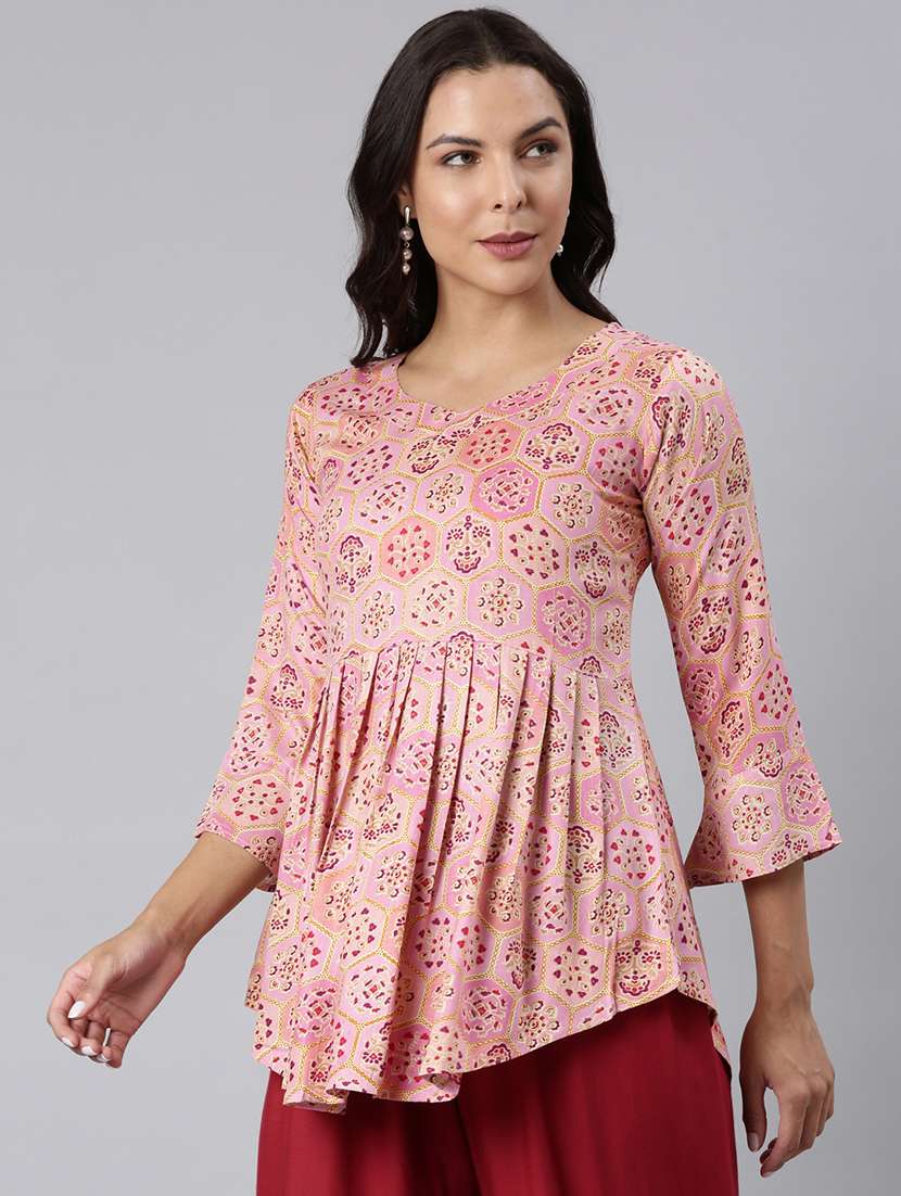 women printed three quarter sleeve asymmetric tunic - 22020916 -  Standard Image - 1