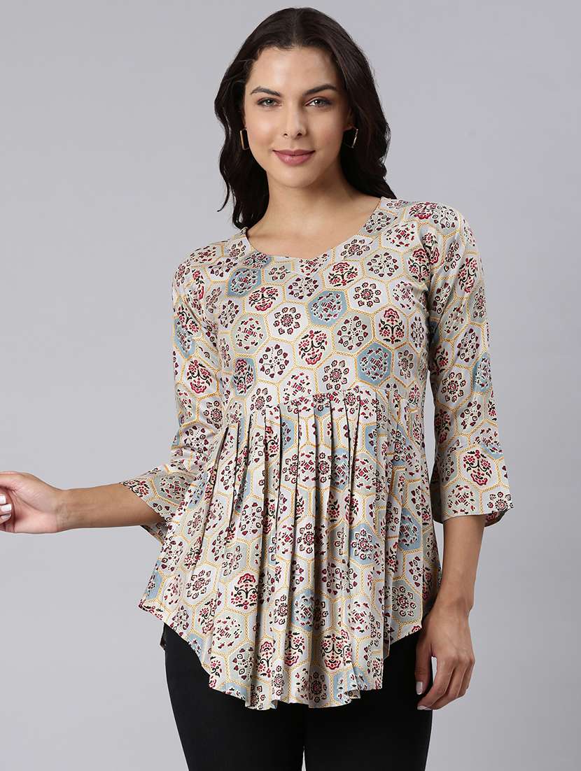 women printed three quarter sleeve asymmetric tunic - 22020917 - Zoom Image - 0