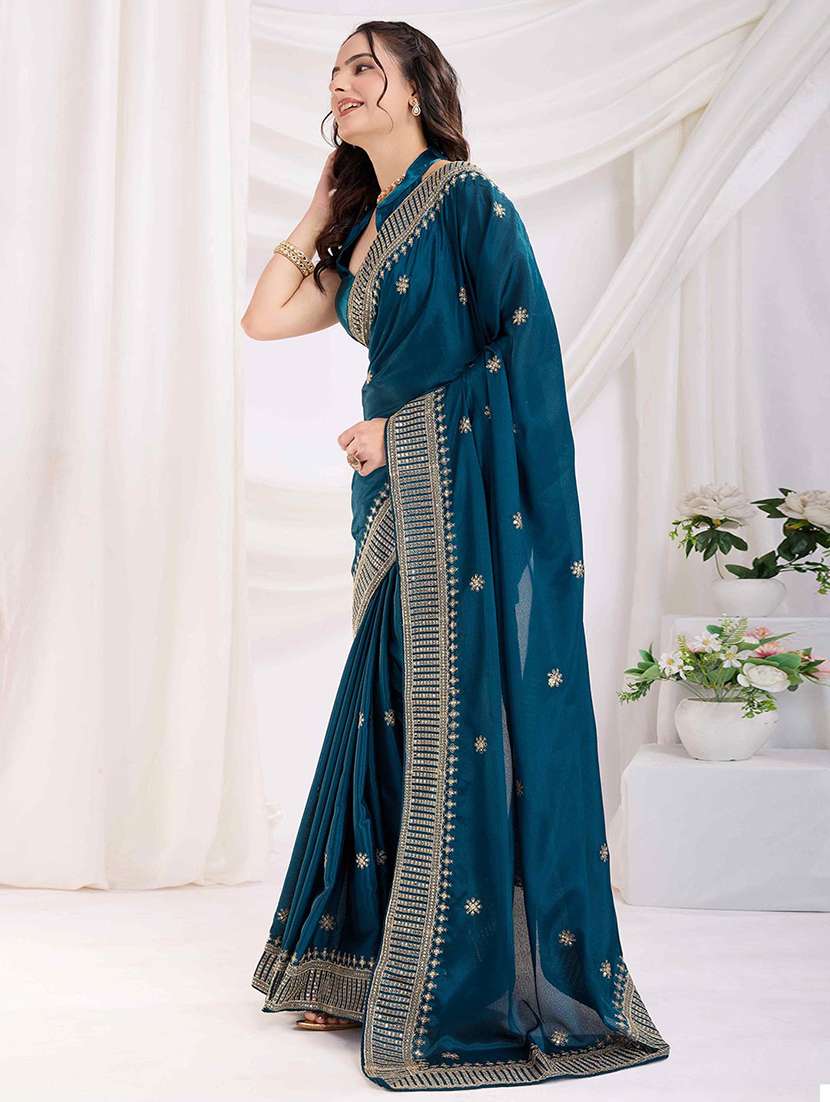 women solid with work embroidered saree with blouse - 22021302 -  Standard Image - 1