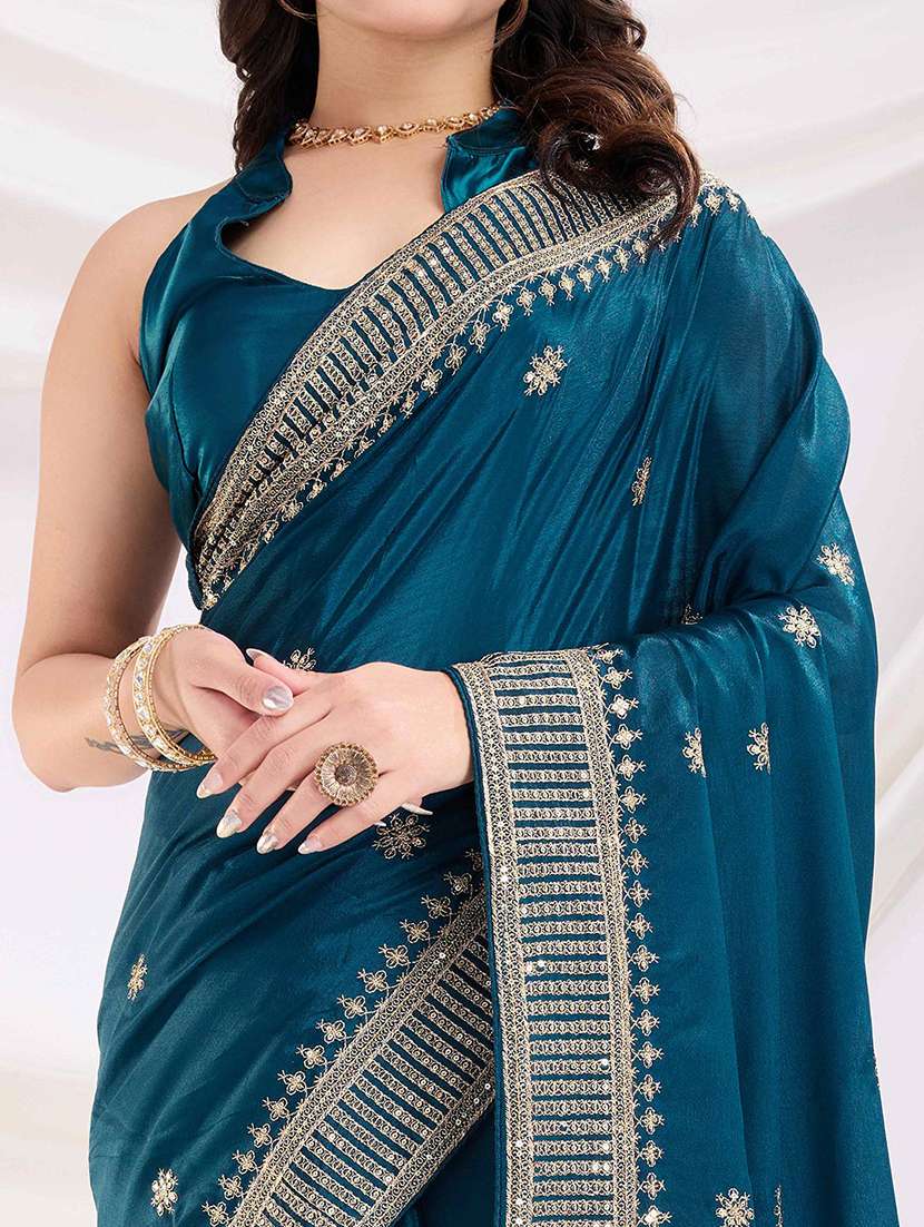 women solid with work embroidered saree with blouse - 22021302 -  Standard Image - 4