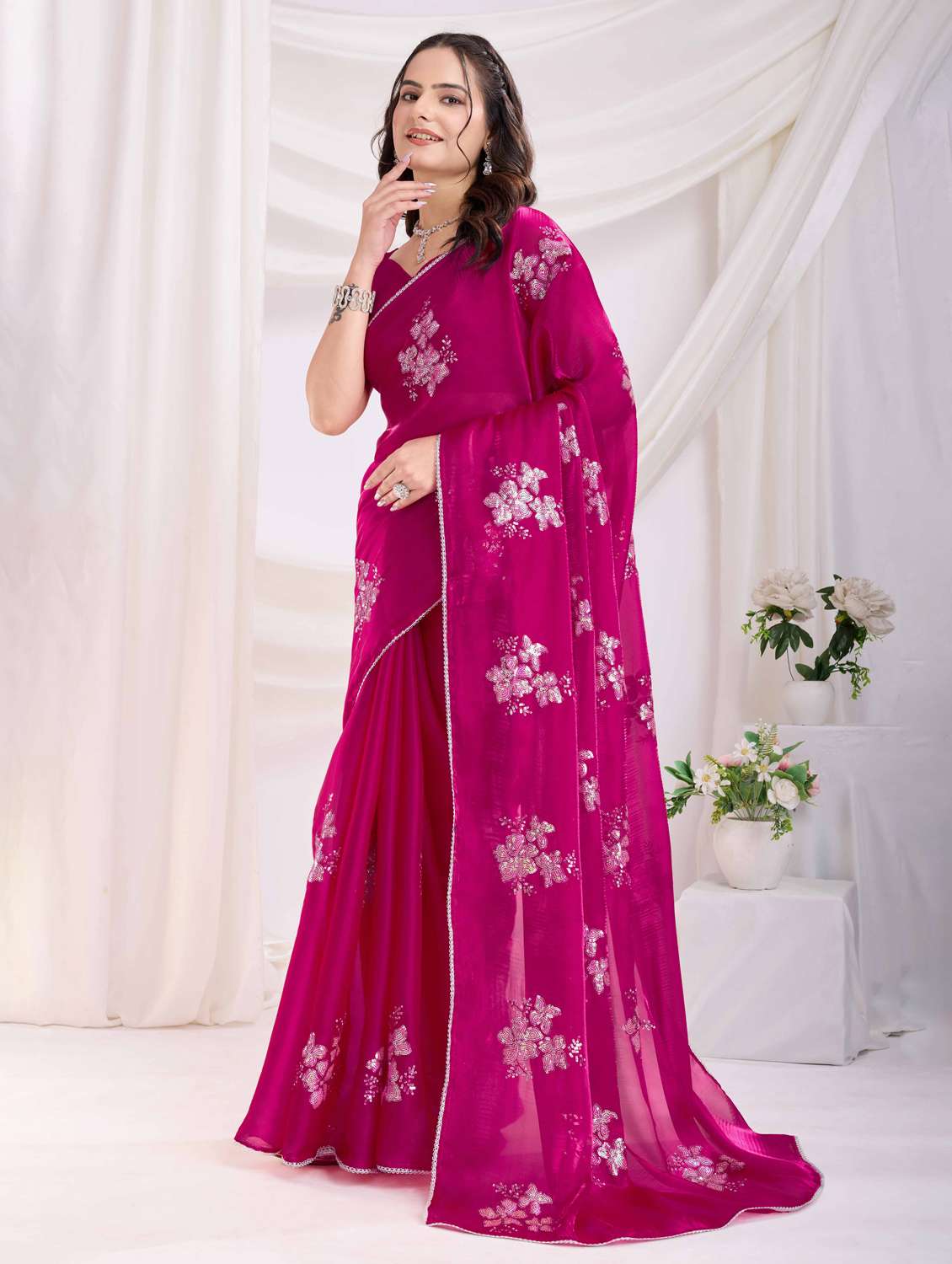 women floral embroidered saree with blouse - 22021309 -  Standard Image - 1