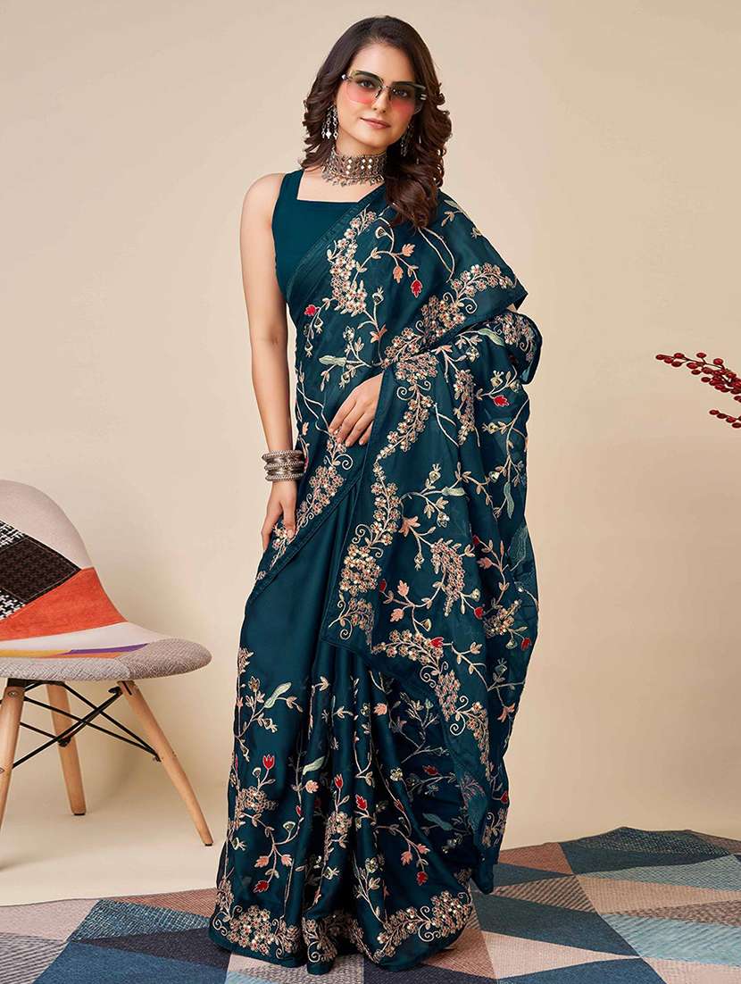 women solid with work embroidered saree with blouse