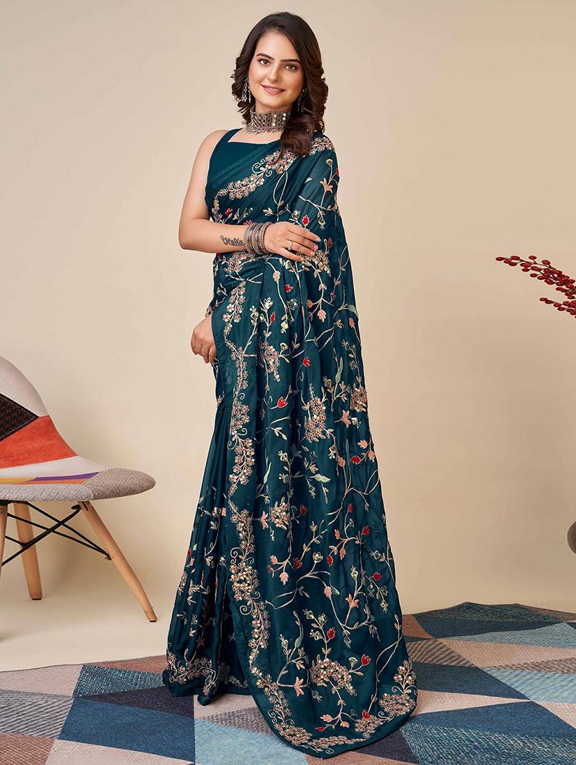 women solid with work embroidered saree with blouse - 22021317 -  Standard Image - 1