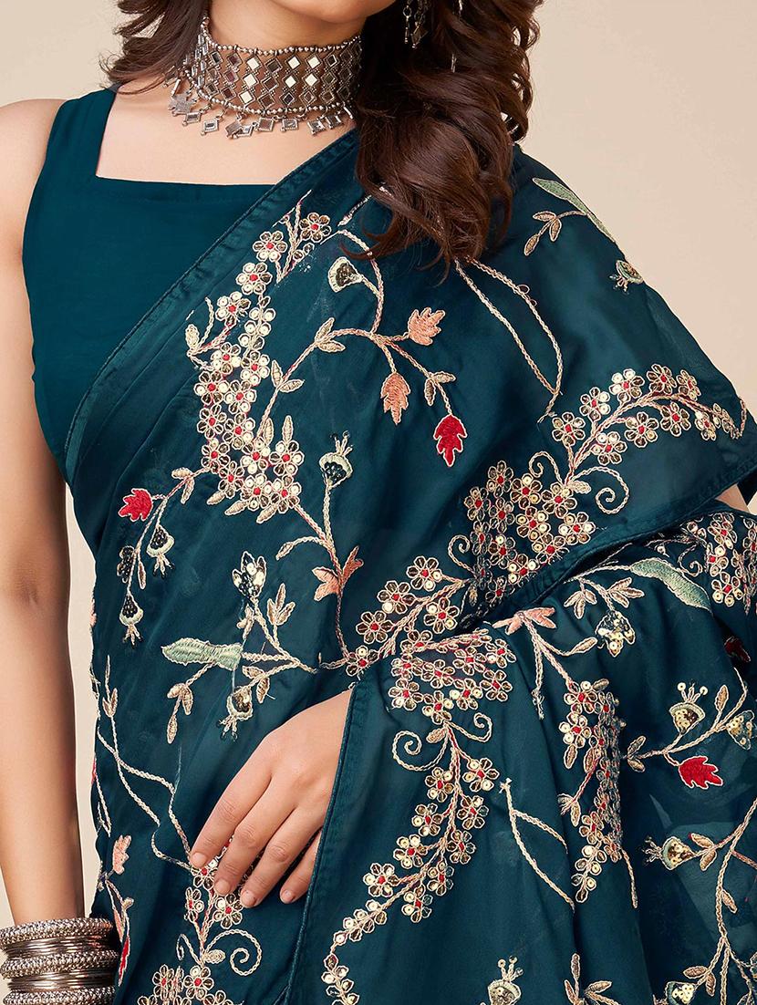 women solid with work embroidered saree with blouse - 22021317 - Standard Image - 4