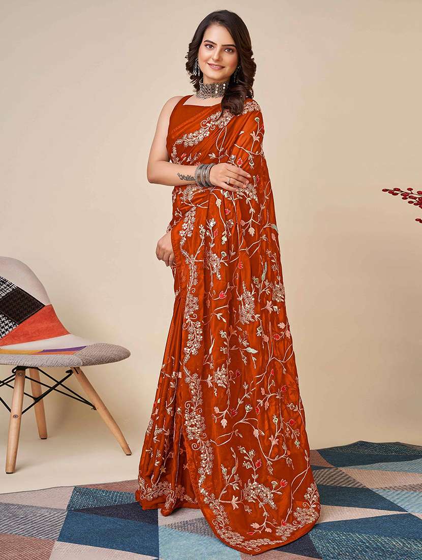 women solid with work embroidered saree with blouse - 22021319 -  Standard Image - 1
