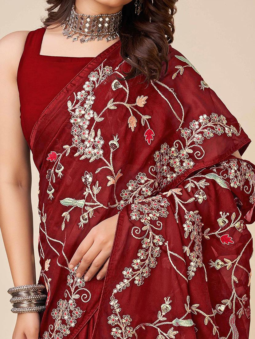 women solid with work embroidered saree with blouse - 22021320 - Standard Image - 4