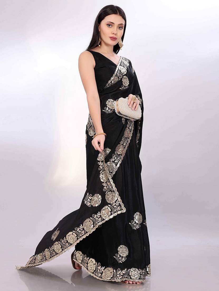 women black embroidered saree with blouse - 22021327 -  Standard Image - 1